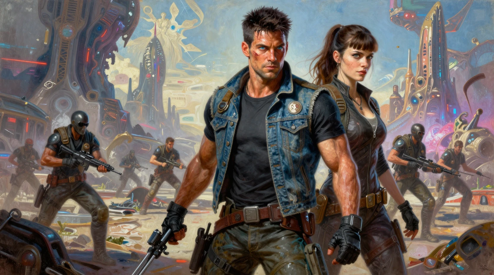 Space opera heroes standing on a chaotic alien battlefield