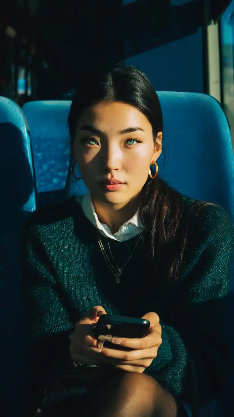 Young Asian woman on a sunlit bus commute in Bordeaux