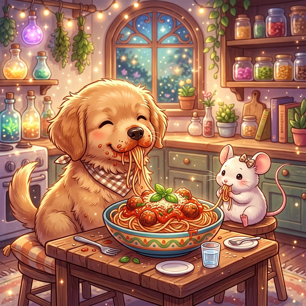 Cute puppy and mouse sharing spaghetti in dreamy kitchen