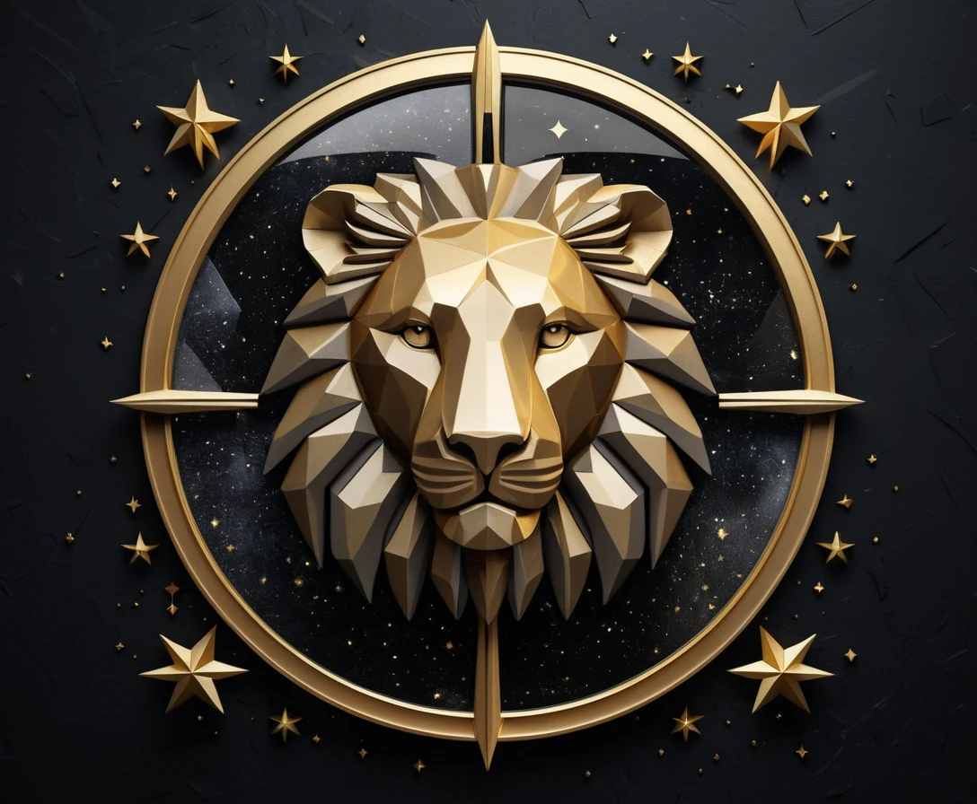 Golden leo zodiac emblem on abstract geometric starry background