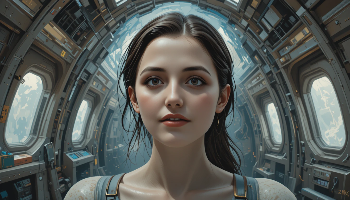Young woman in a surreal spaceship interior oil painting