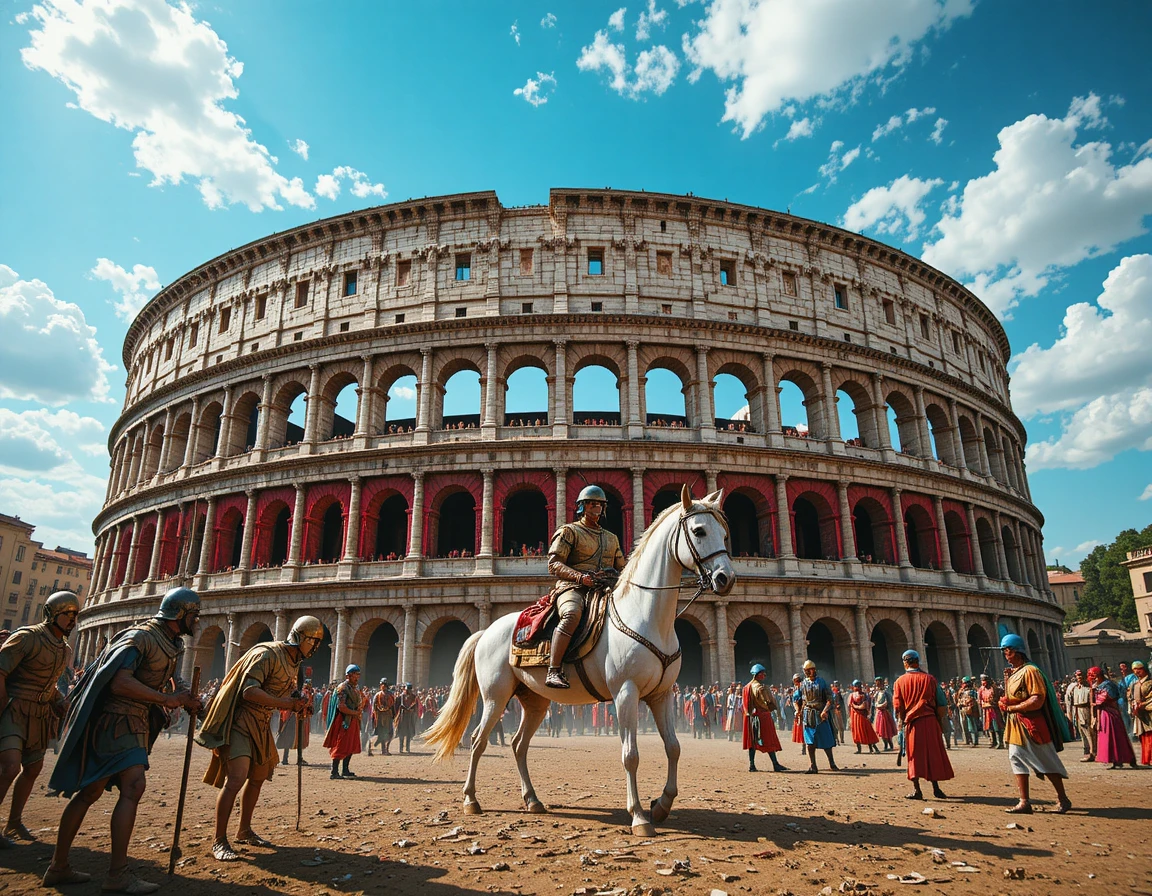 Roman gladiator in detailed armor in sunlit arena