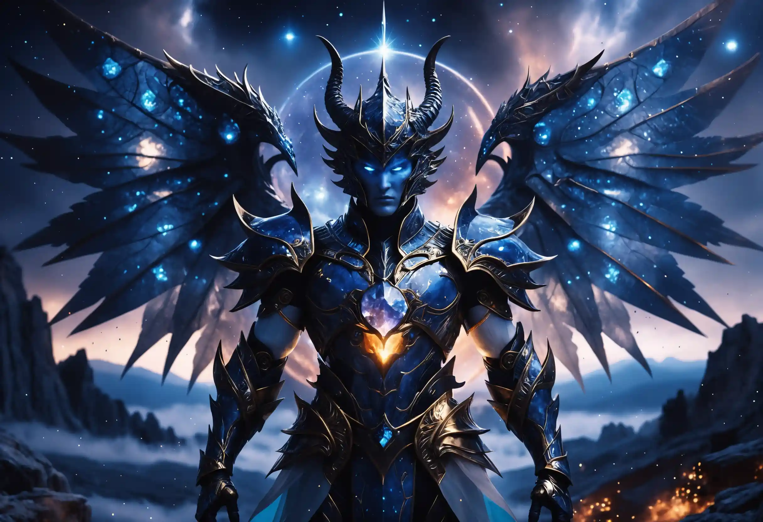 Celestial horned warrior with radiant star core and galaxy wings