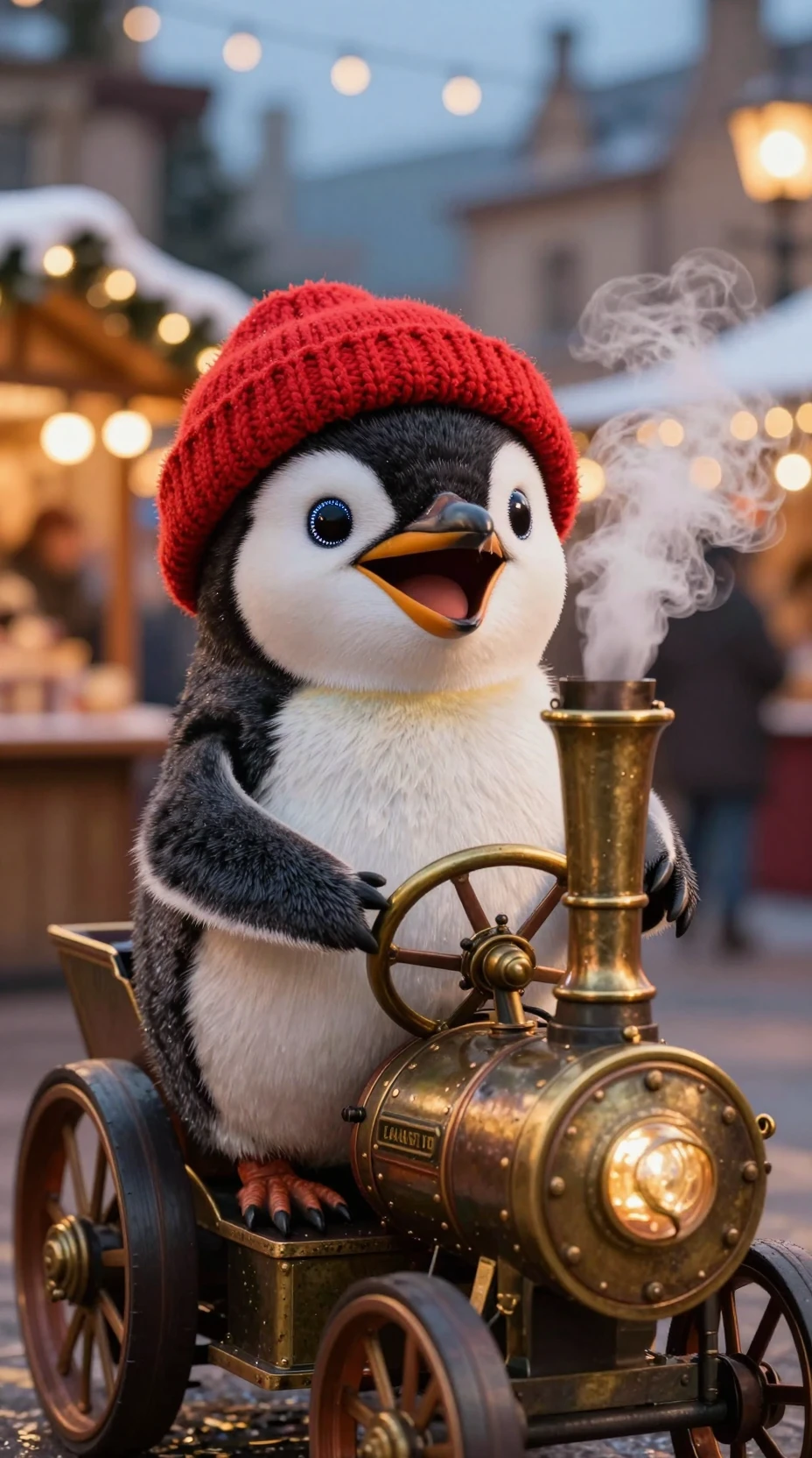 小さなビンテージ蒸気機関車を運転するかわいい赤ちゃんペンギン