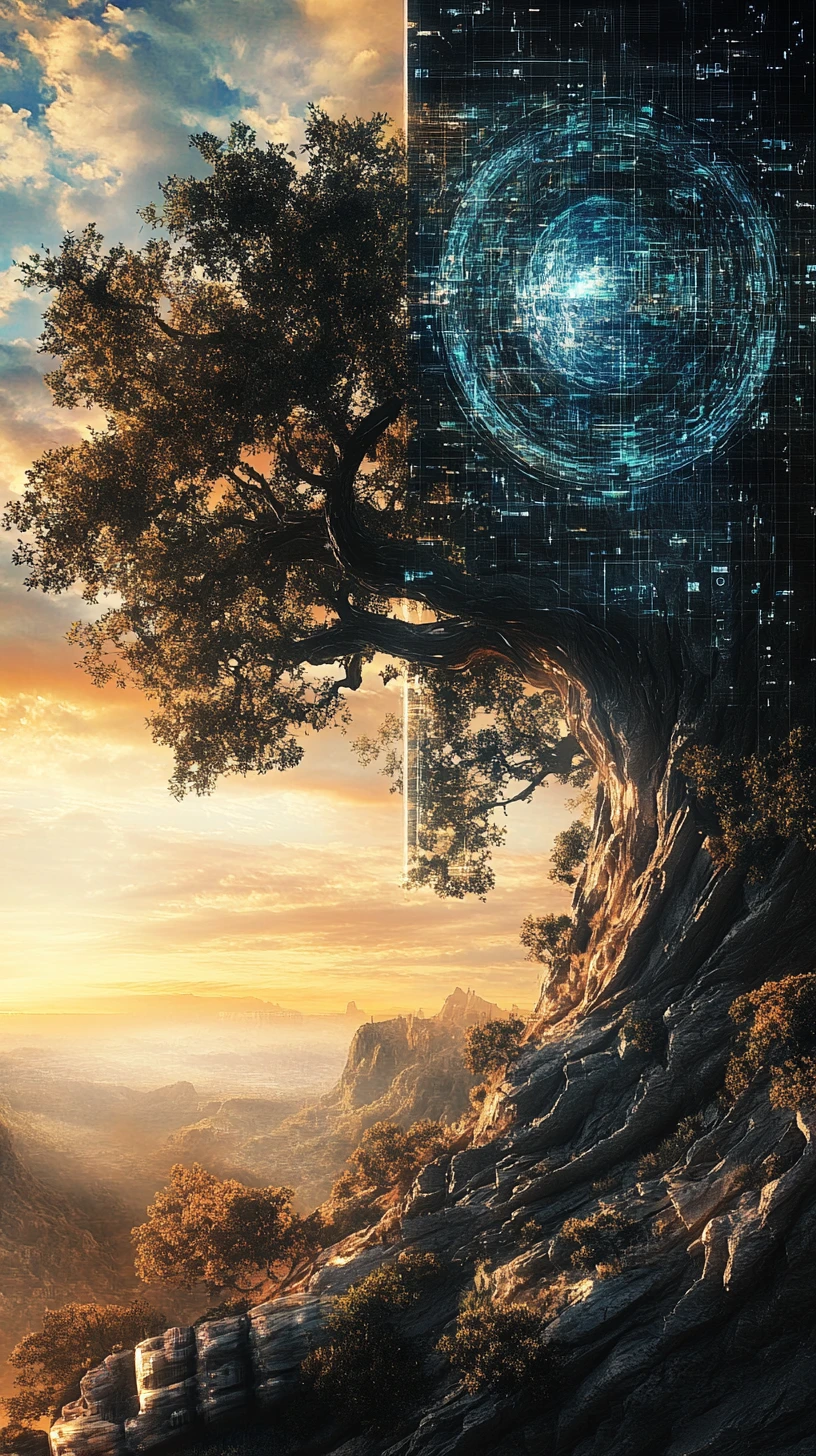 Surreal Tree Of Code In An Ancient Digital Landscape