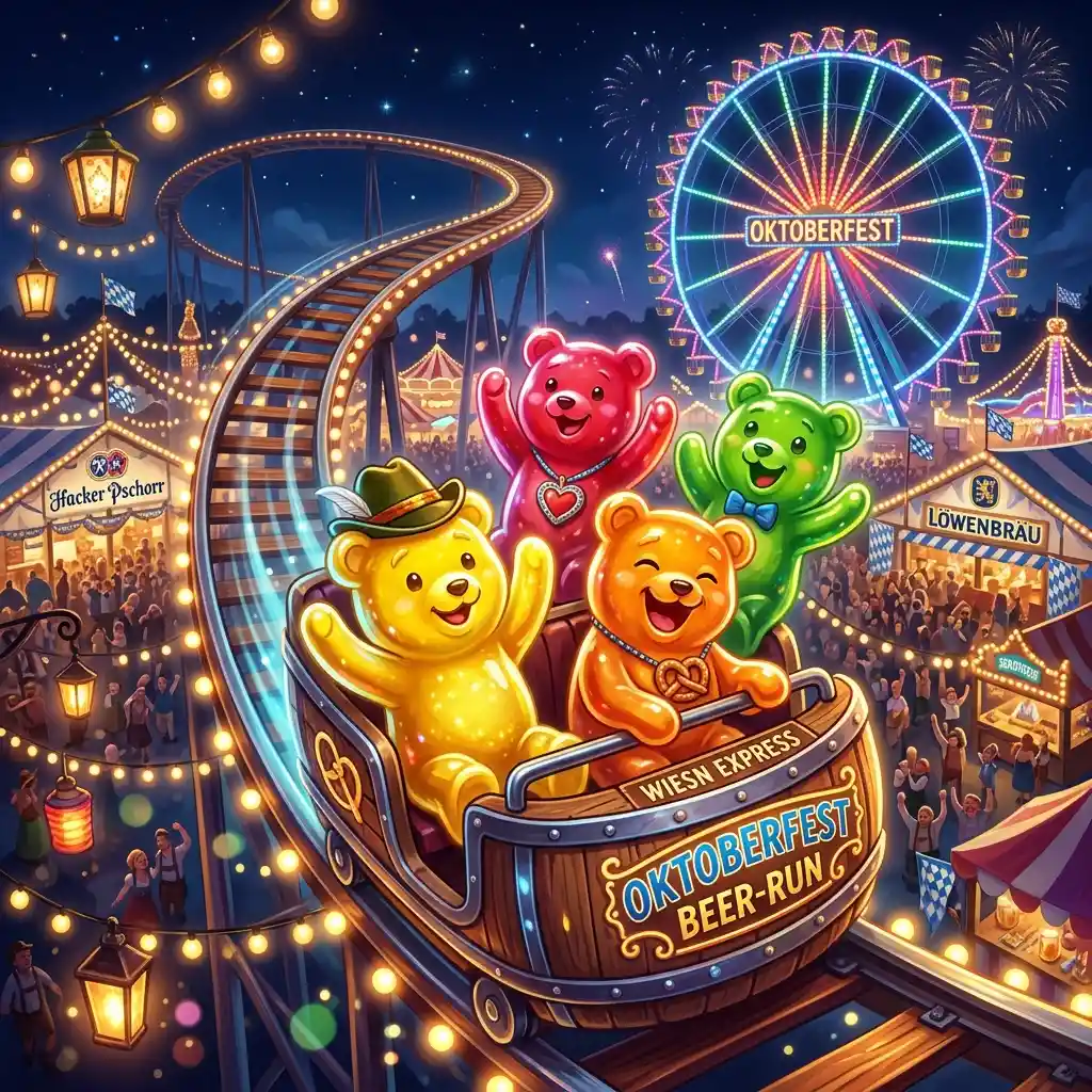 Colorful gummy bears riding a night roller coaster