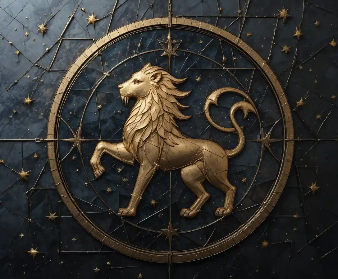 Goldenes Löwe-Zodiak-Emblem am abstrakten geometrischen Nachthimmel