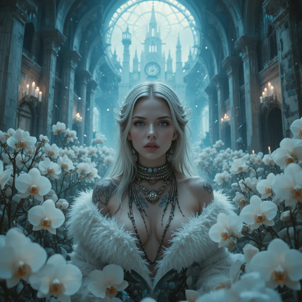 Tattooed woman rising from frozen orchids in ruined cathedral