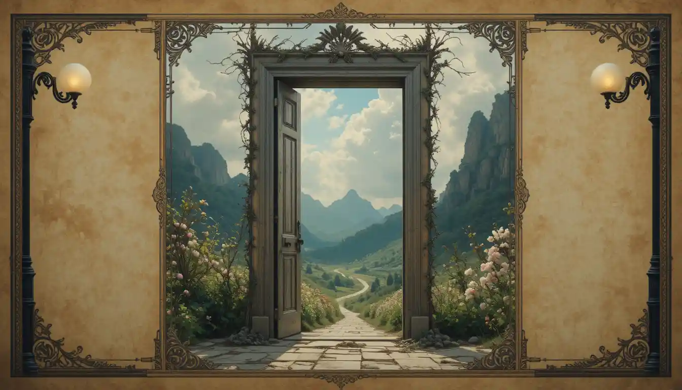 Surreal doorway dividing barren wasteland and lush paradise