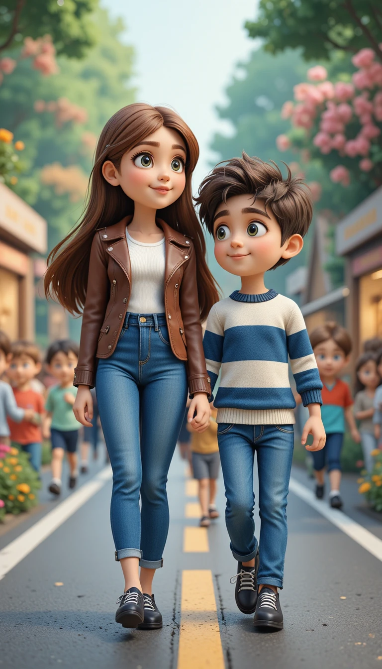 Tall girl and small boy friends on a city fashion street