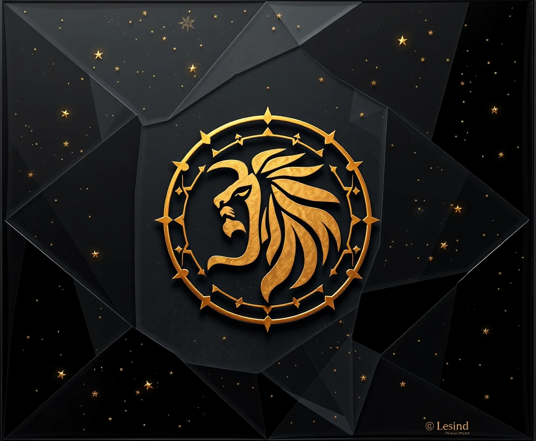 Golden Leo zodiac emblem on abstract geometric night sky
