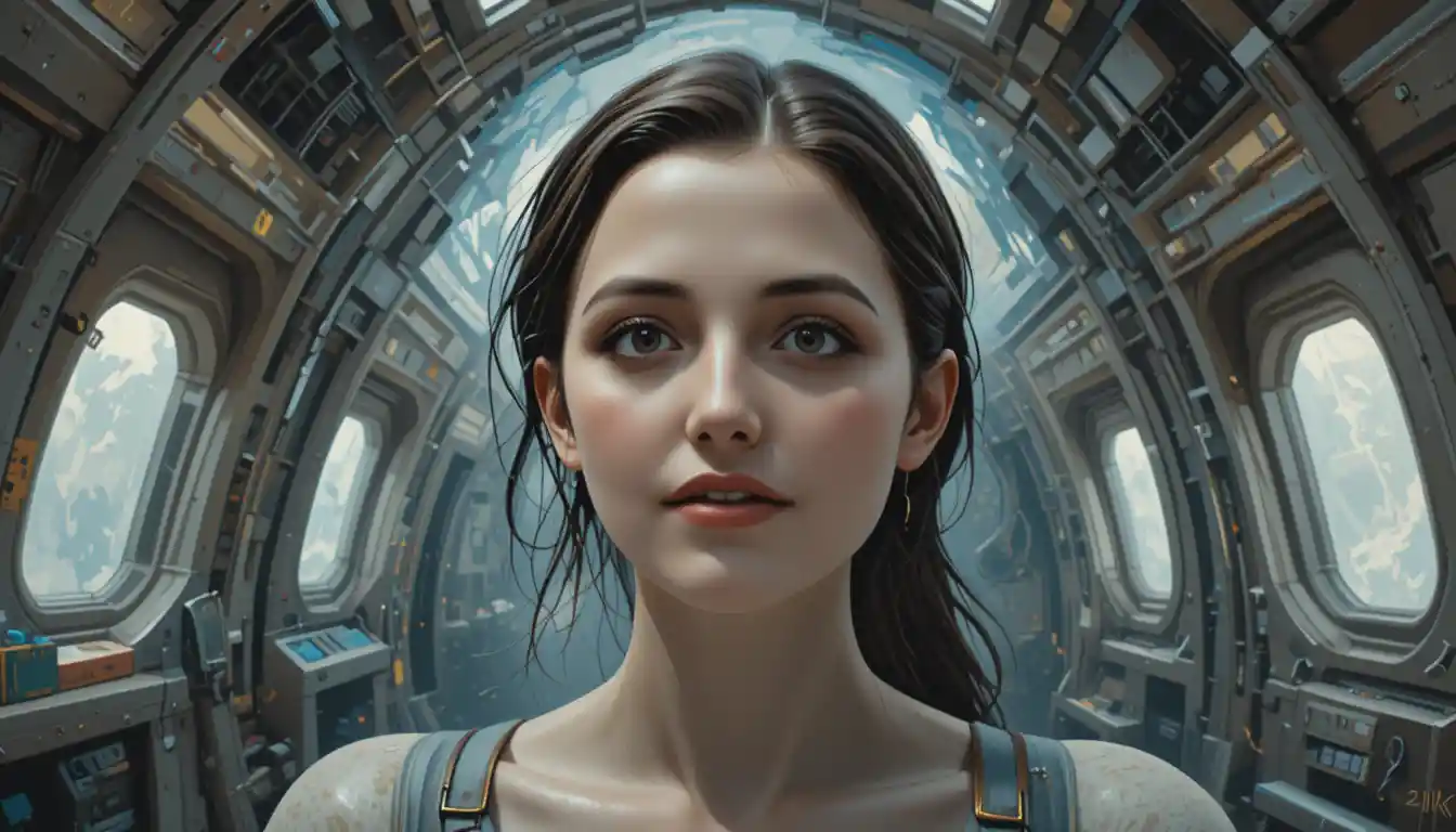 Young woman in a surreal spaceship interior oil painting