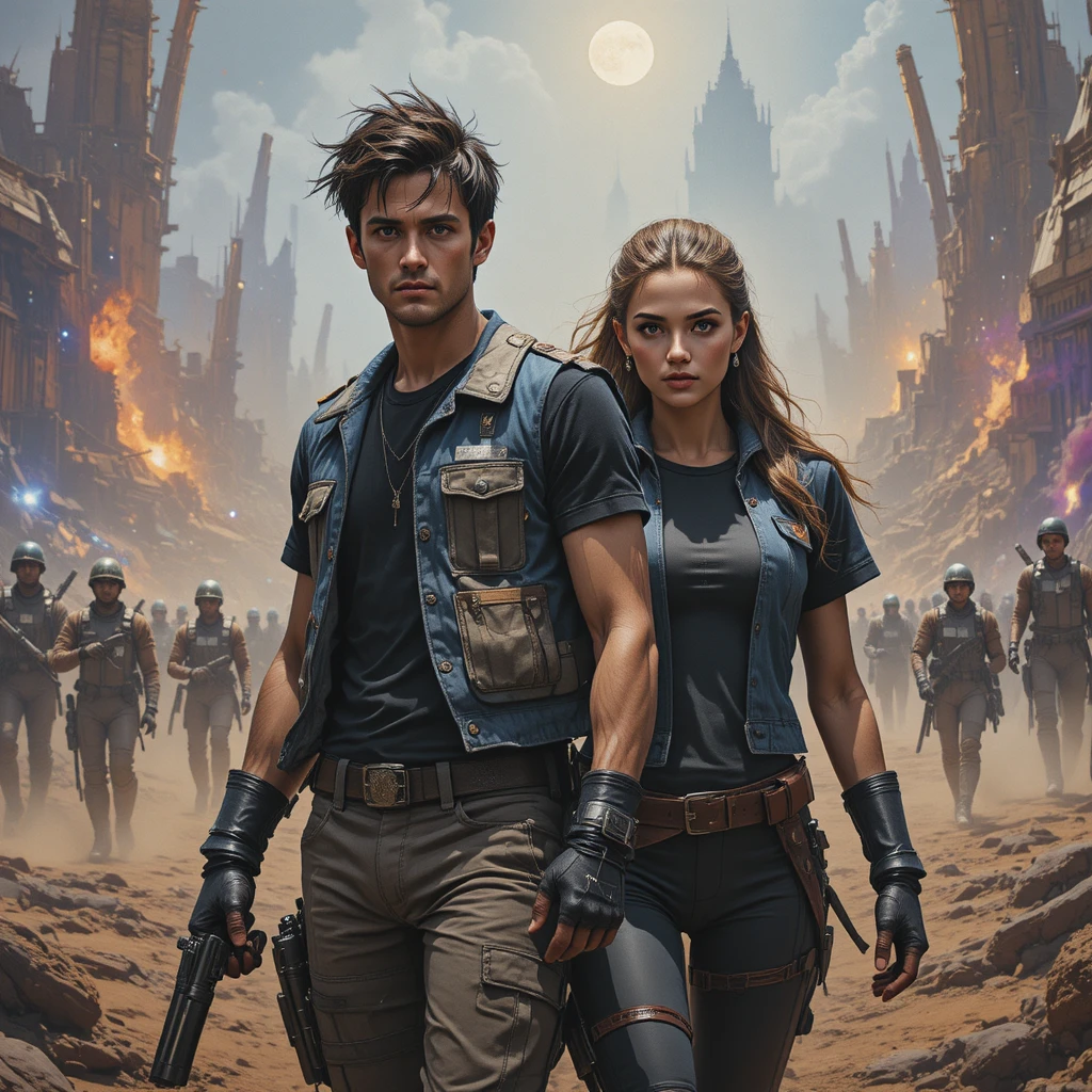 Space heroes facing mercenaries on a shattered alien battlefield