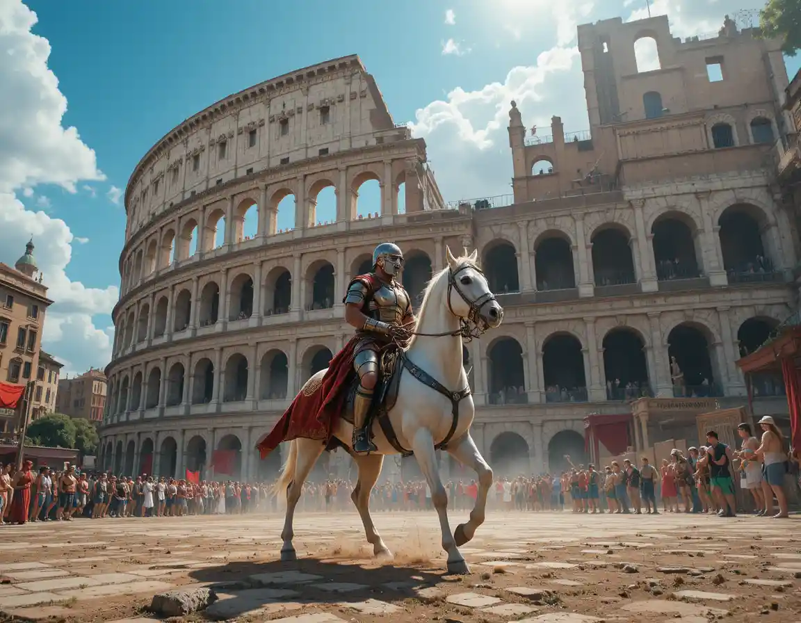 Roman gladiator close up in sunlit ancient coliseum arena