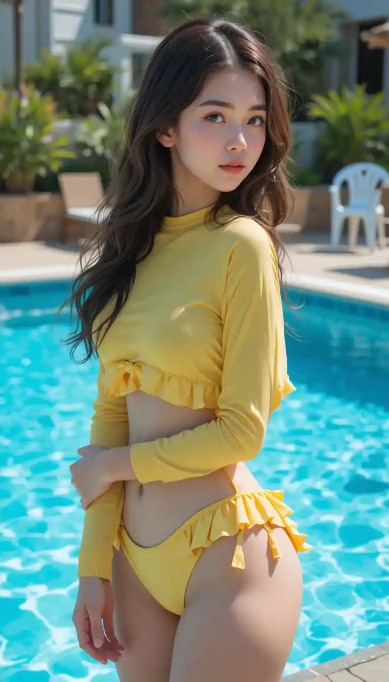 Young woman in yellow swimwear by outdoor pool