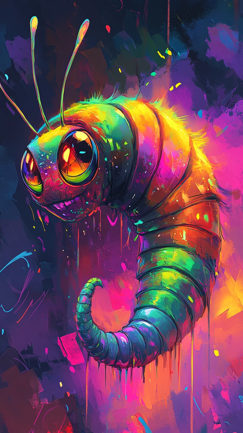 Surreal Caterpillar Transforming Into Neon Winged Cartoon Creature