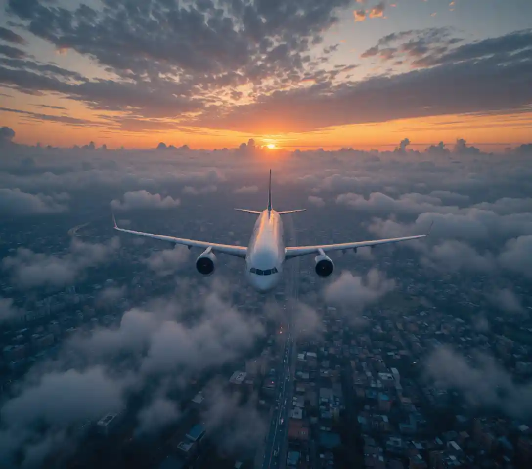 ドラマチックな夕焼け空の下、ラホールの街上空を飛ぶ旅客機