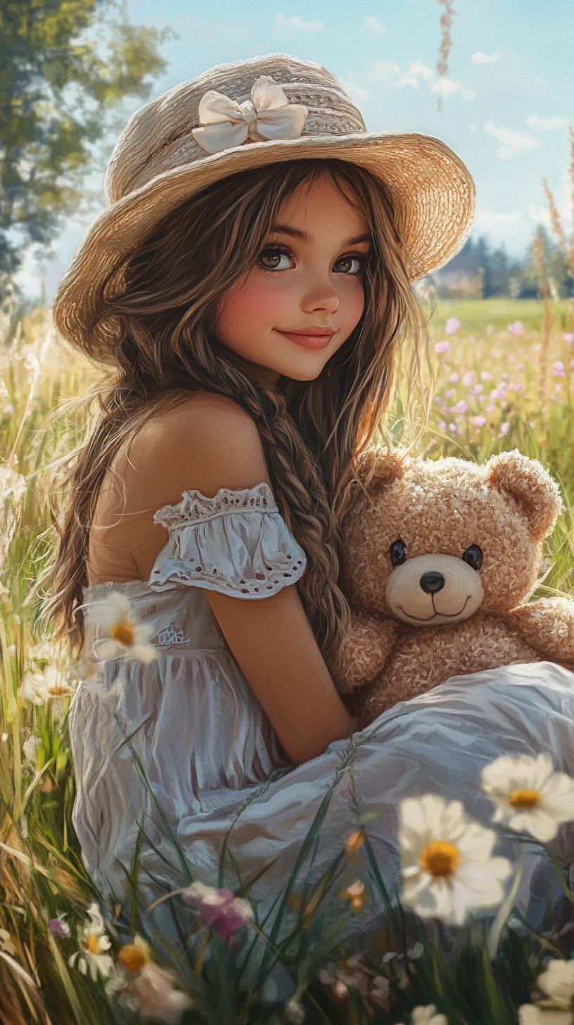 Cute girl with teddy bear sitting in a sunny meadow