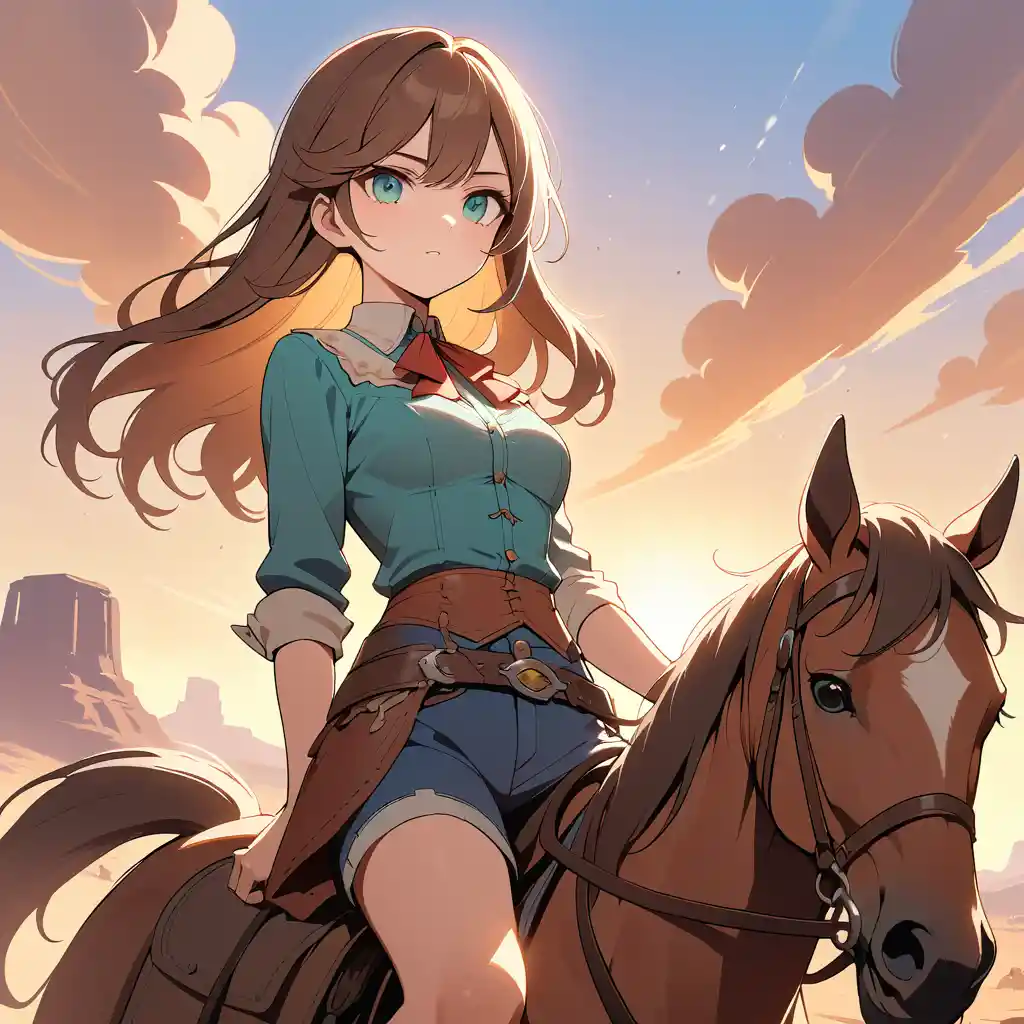 Cowgirl aiming a revolver from a low angle at sunset