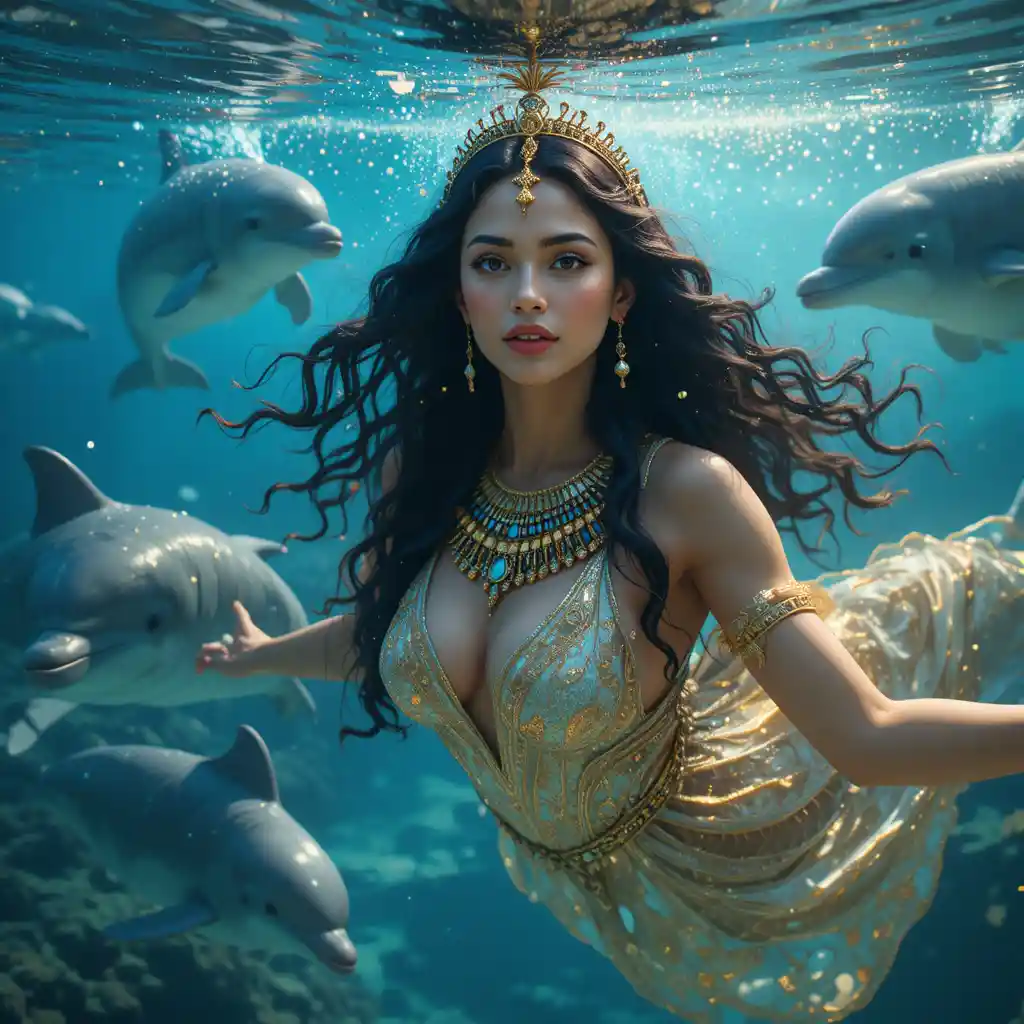 Ancient Egyptian queen swimming underwater with playful dolphins