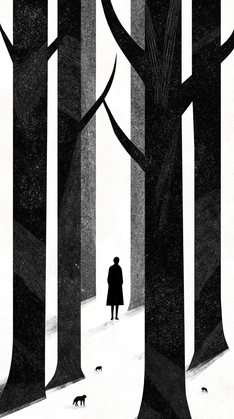 Solitary silhouette figure in a minimalist forest scene