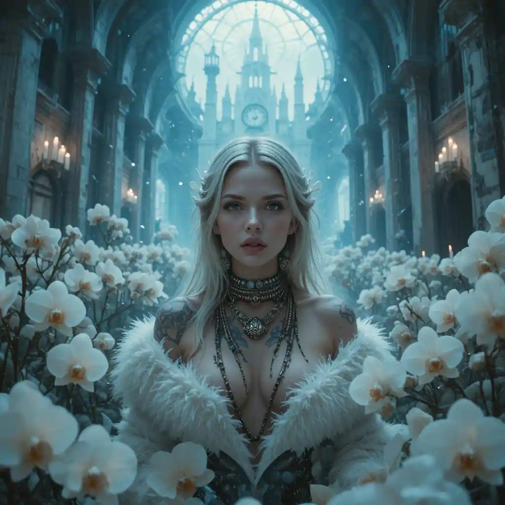 Tattooed woman rising from frozen orchids in ruined cathedral
