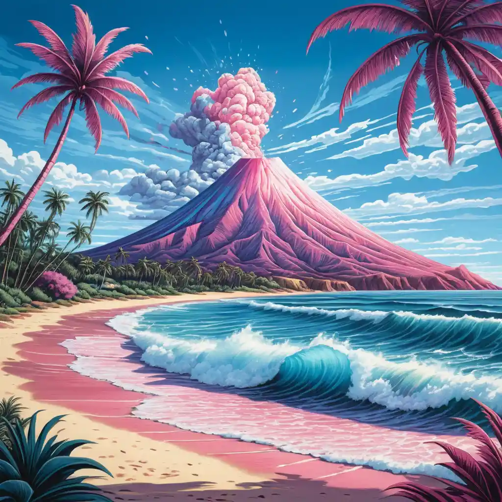 夏の熱帯の海の波と遠くにそびえる火山の風景
