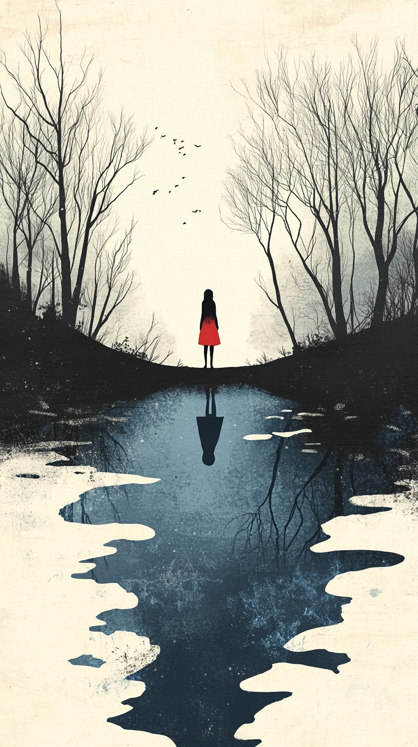 Woman watching her altered reflection in a quiet river