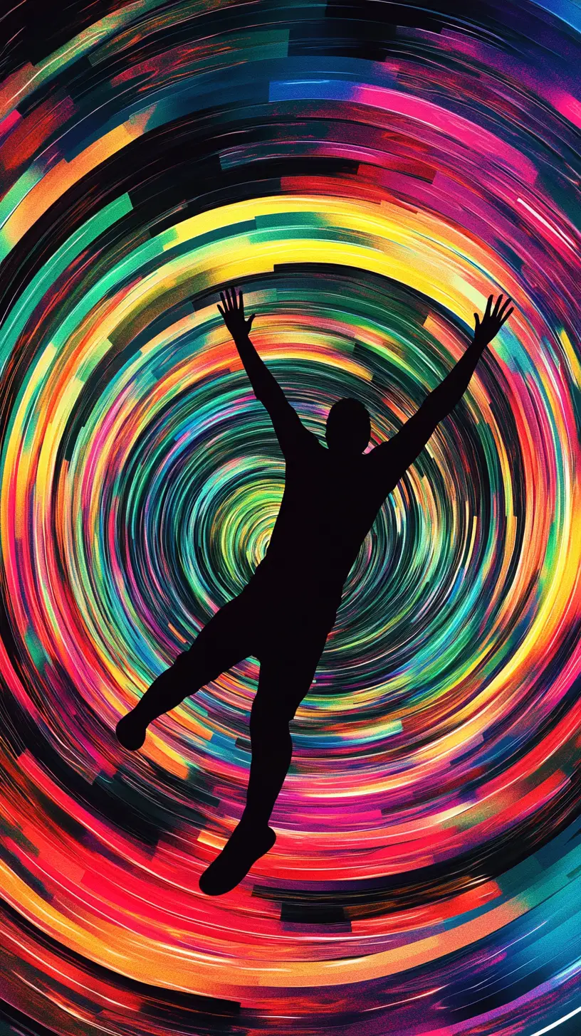 Cartoon figure falling into a glowing neon spiral vortex