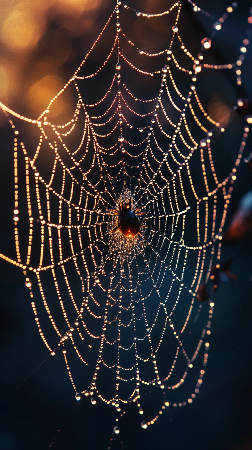 Mystical spider web illustration with dew and glowing strands