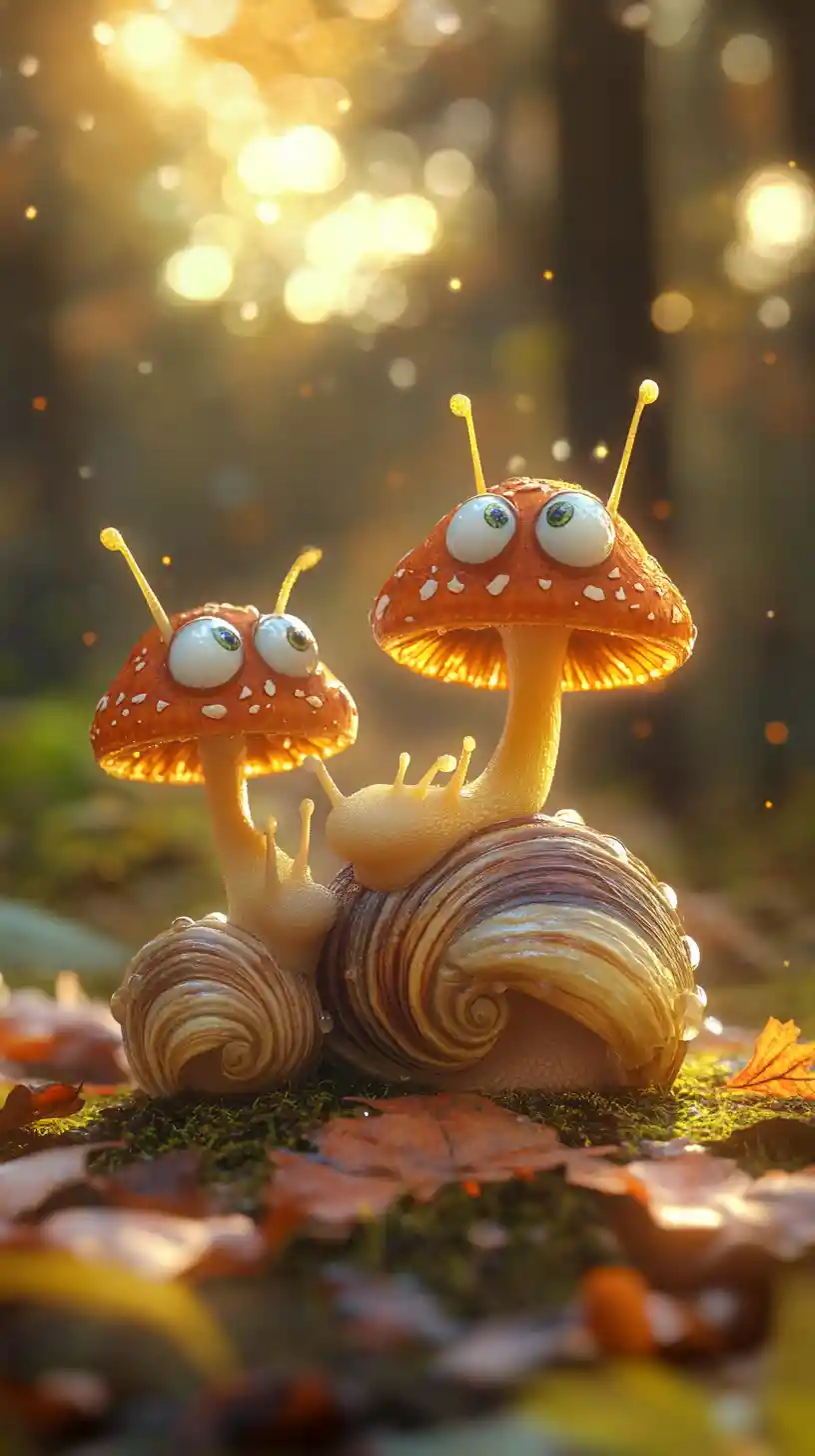 Tre chiocciole animate che raccontano storie con uno spirito di fungo luminoso