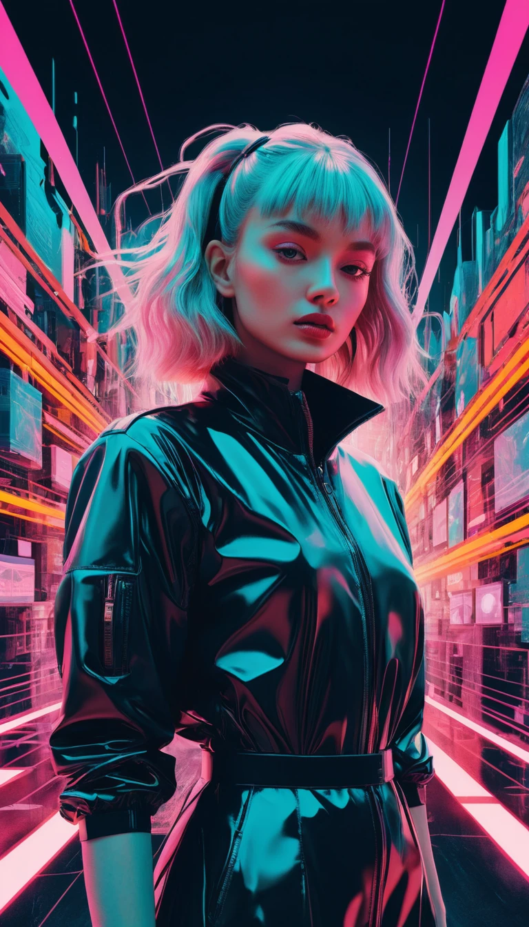 Futuristic woman surrounded by neon energy and surreal geometry