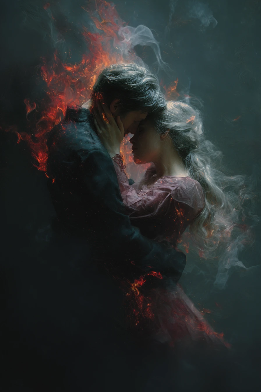 Heartbroken man watches a departing witch in flames