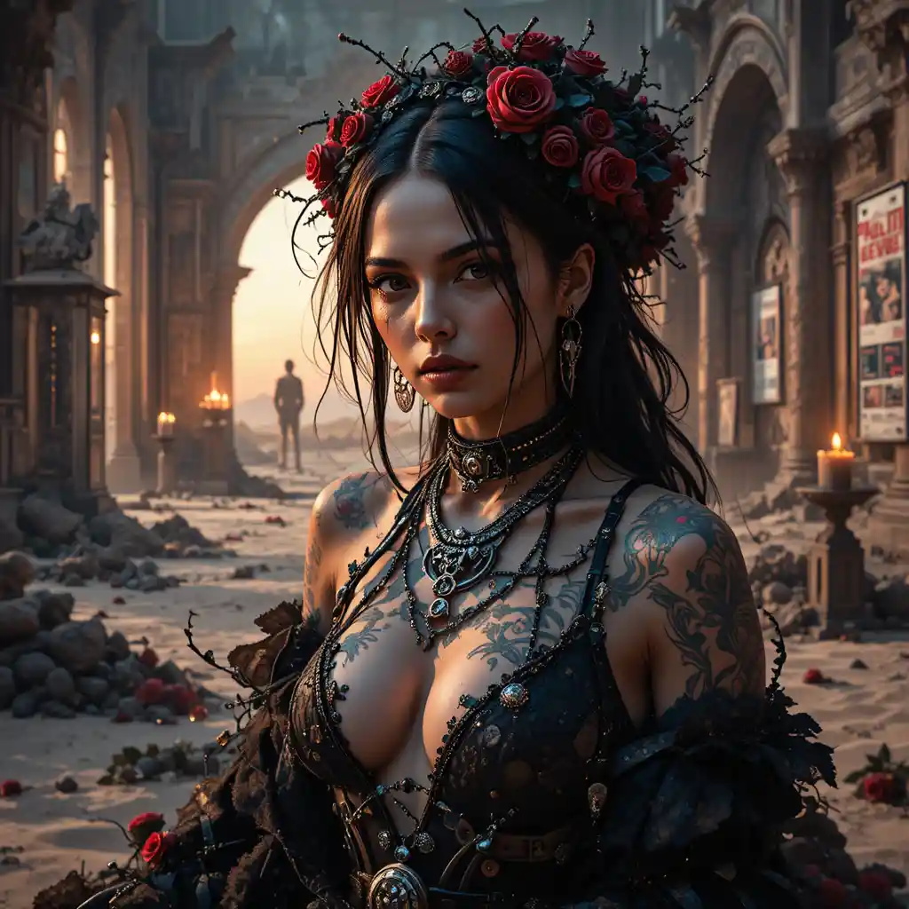 Tattooed woman rising from black roses in ruined museum