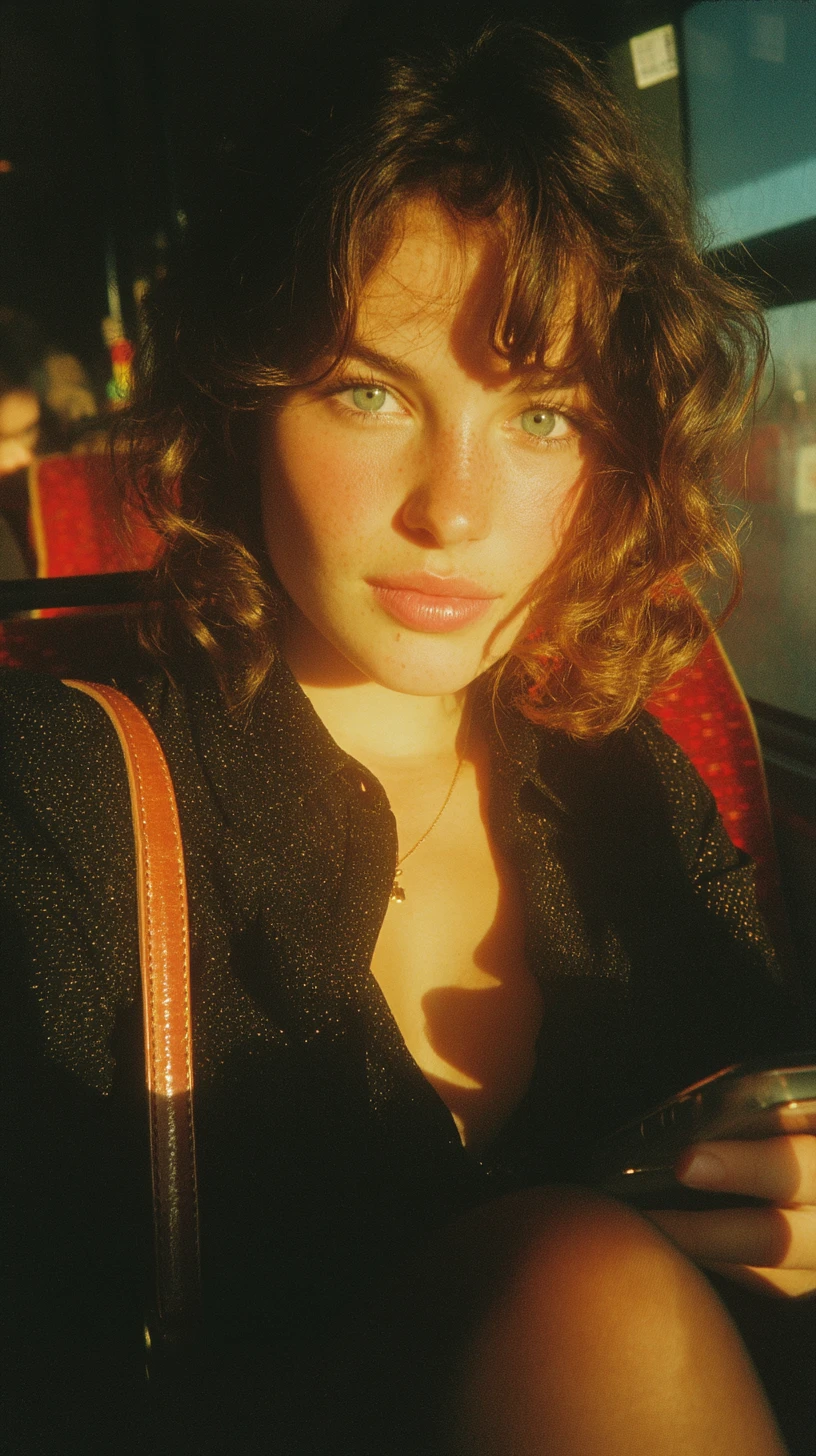 Mulher em um ônibus pela manhã fazendo contato visual intenso