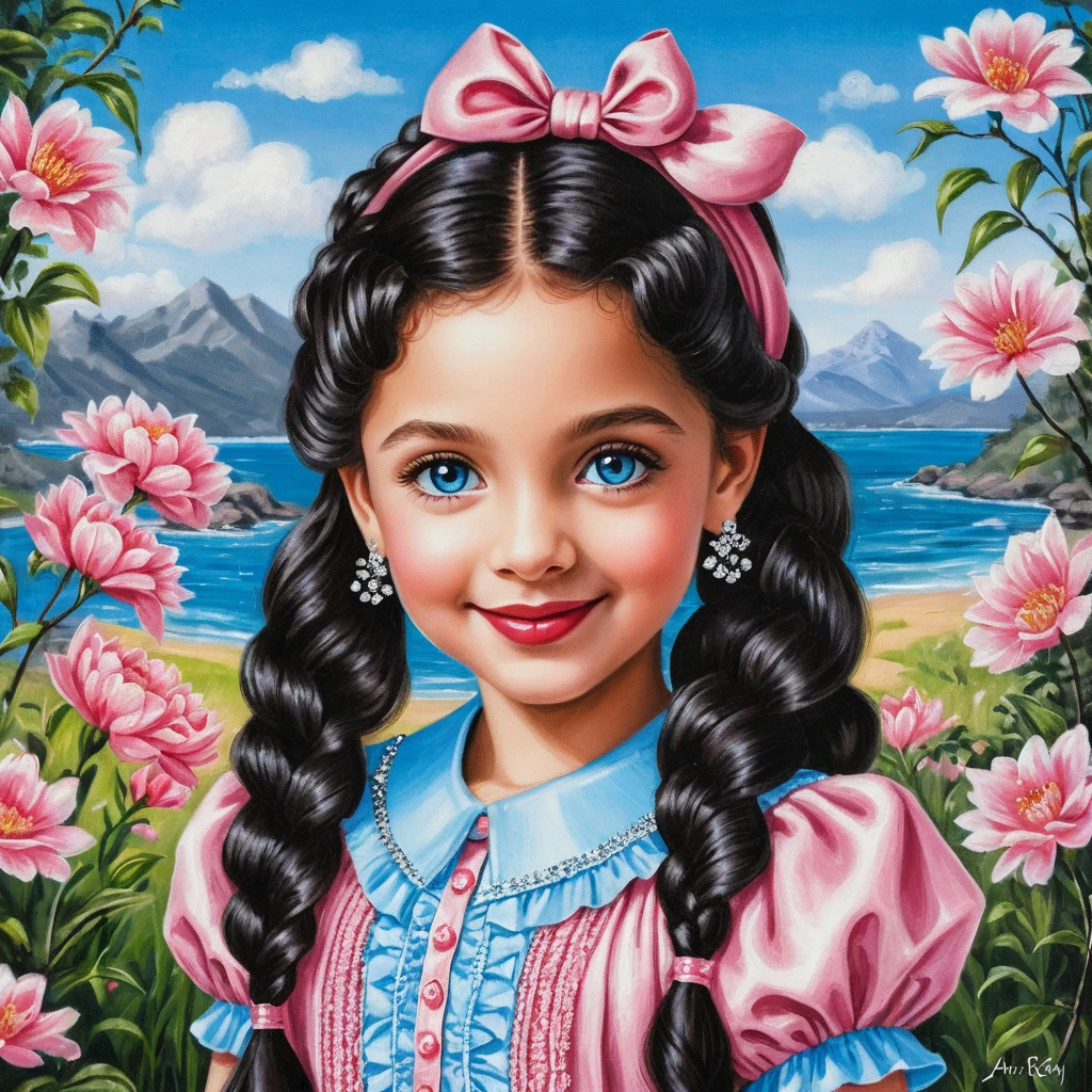 Smiling girl with long black hair in a pink dress