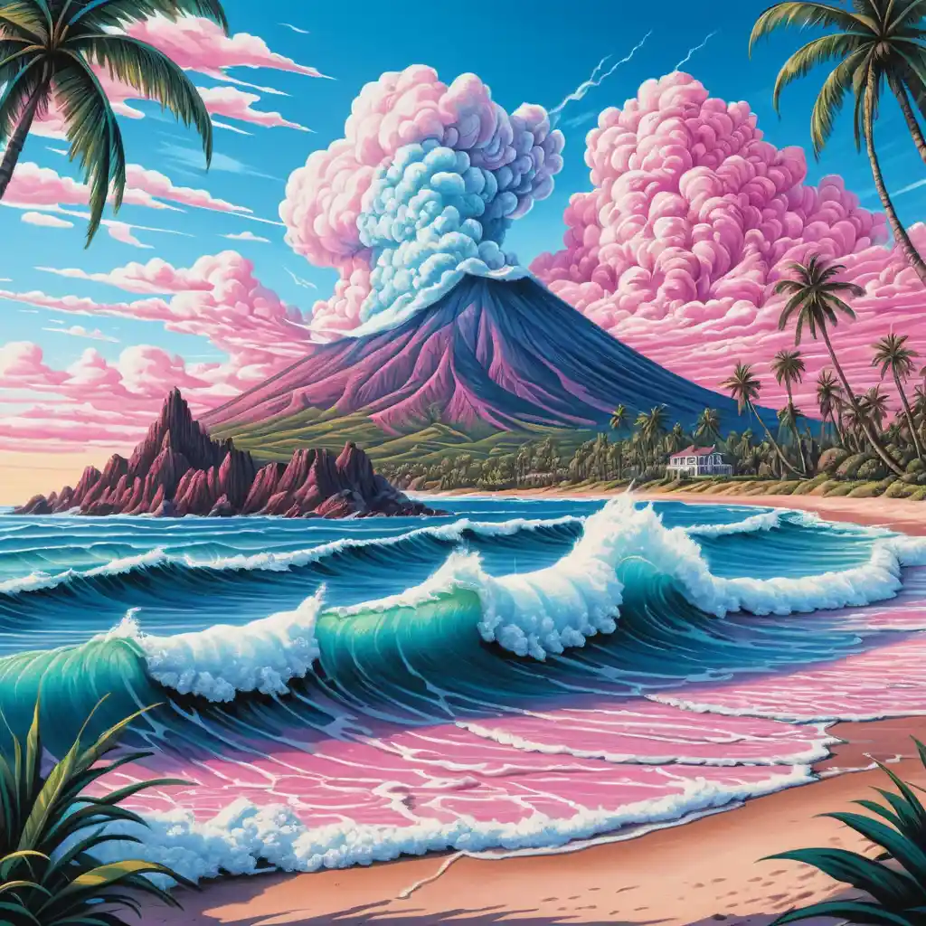 繽紛熱帶海浪與遠方火山和棕櫚樹