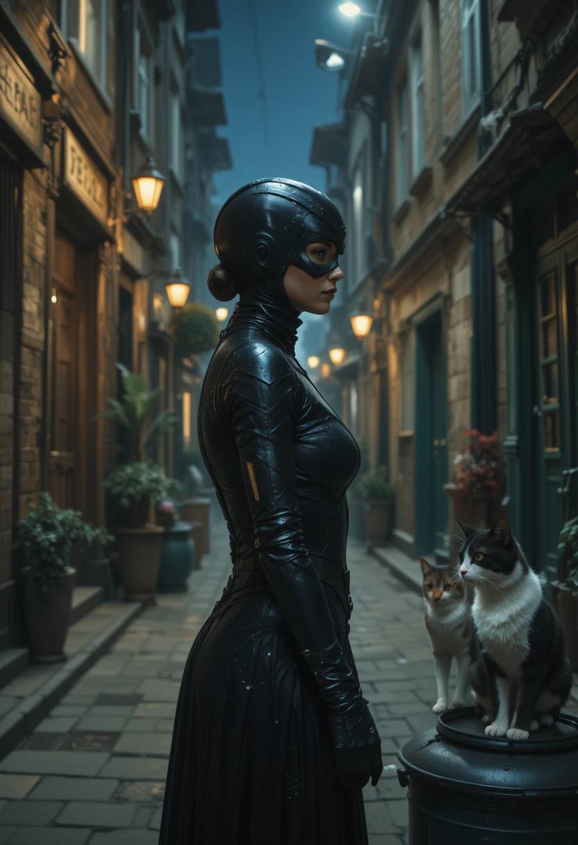 Masked woman in black suit standing in dark city alley