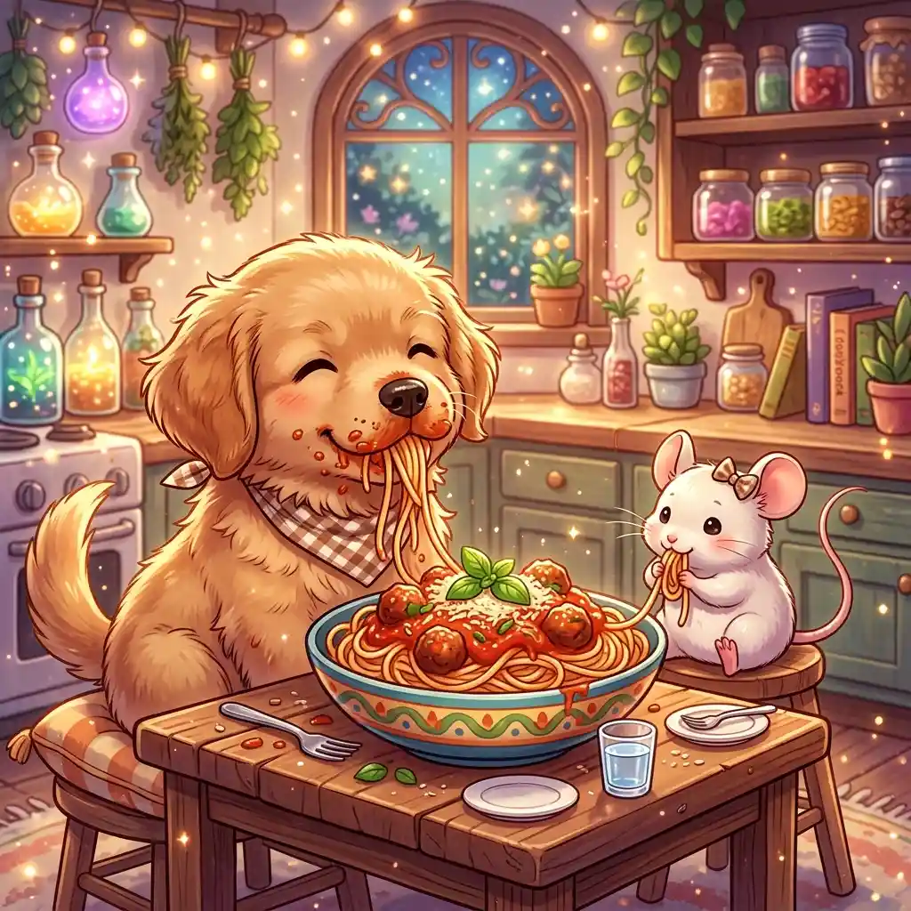 Dolce cagnolino e topolino che condividono gli spaghetti in una cucina da sogno