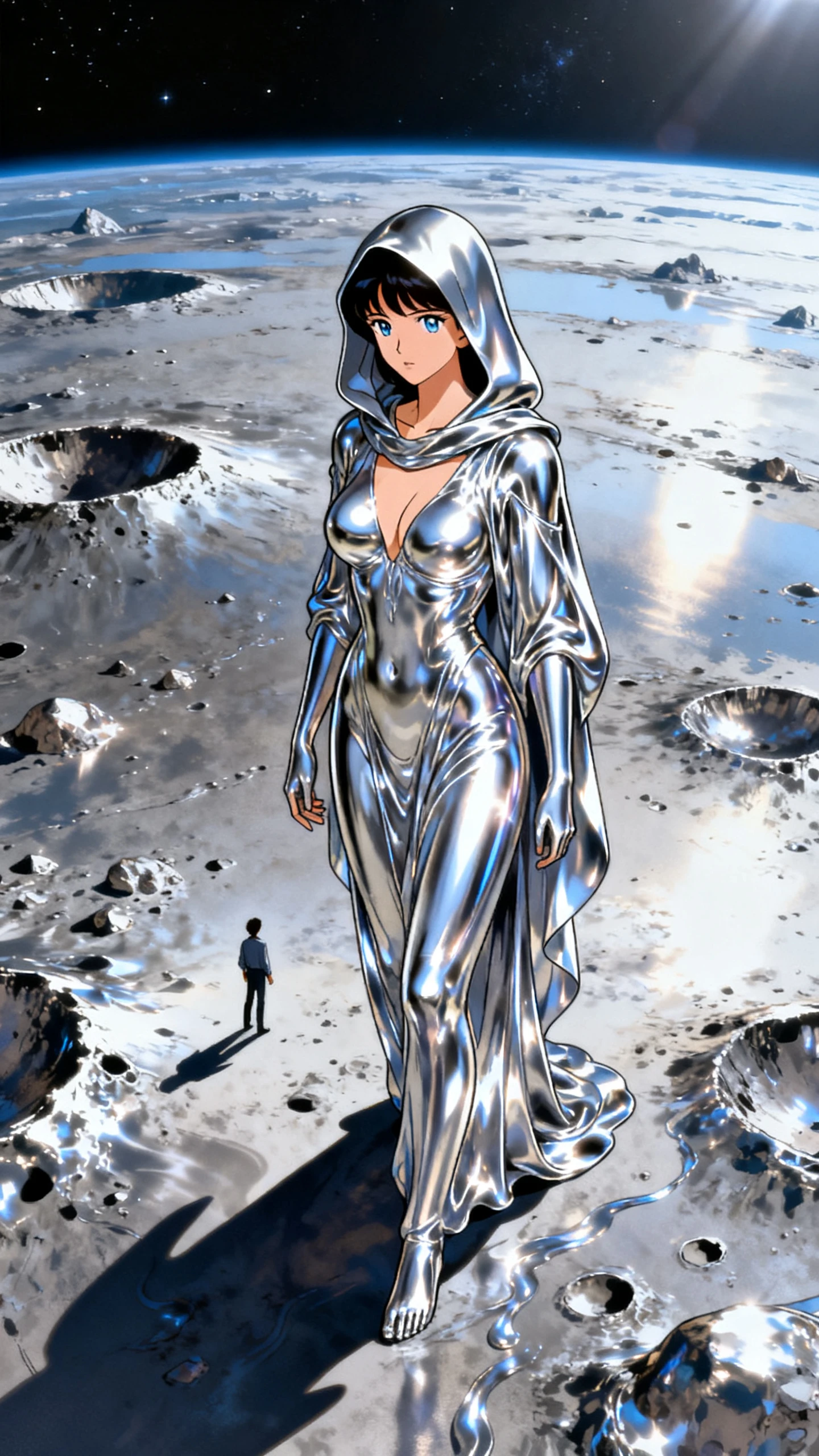 Anime goddess sitting on a lonely metallic planet