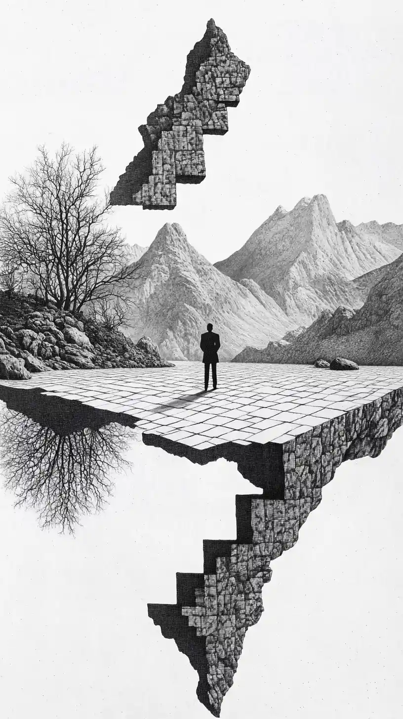 Figura femenina de vidrio surreal como lago en montañas escasas