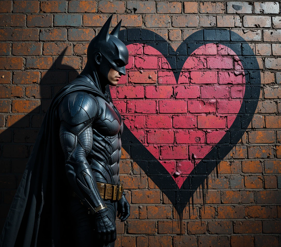 Dark armored hero touching pink heart on brick wall