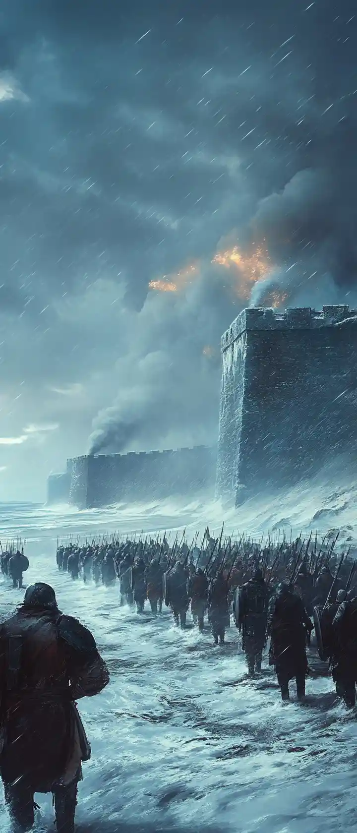 Armored army marching across a frozen storm swept battlefield
