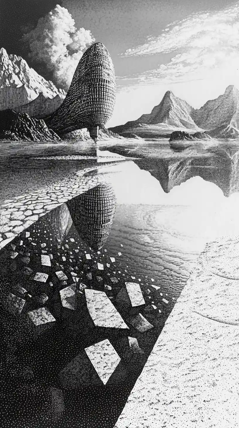 Surrealer pointillistischer Luftschiff über ruhigem Bergsee