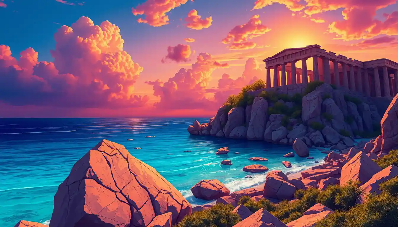 Ancient cliffside temple above a tranquil turquoise sea