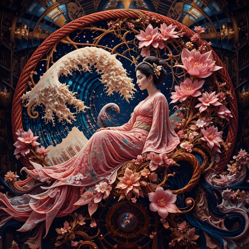 Psychedelic op art spirals merging with fractal mandalas