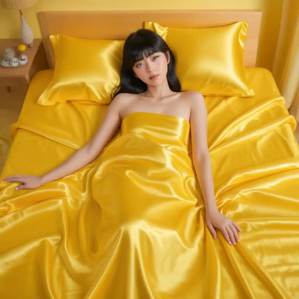 Japanese woman lying on vibrant yellow satin bed sheets