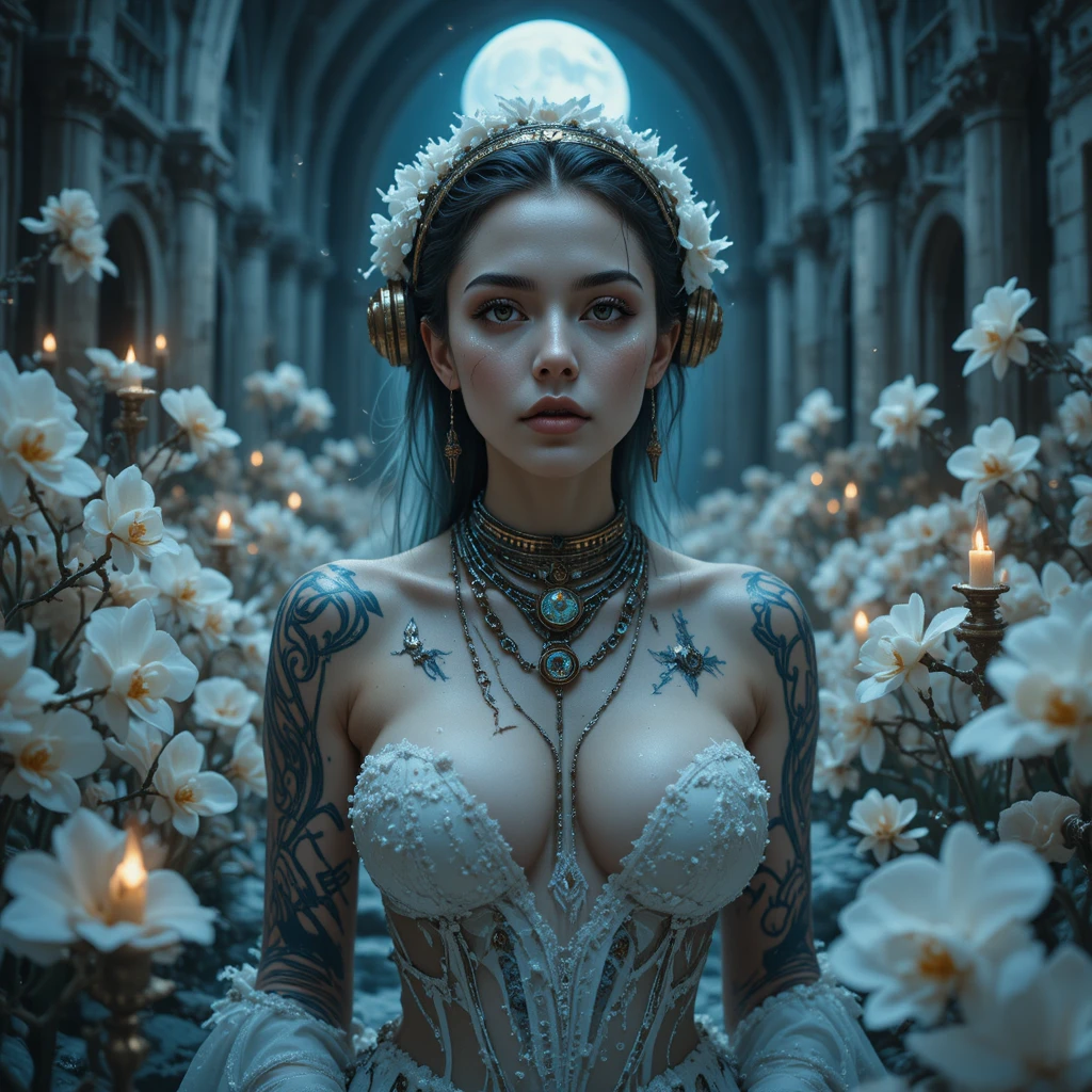 Surreal tattooed woman rising from frozen white orchids