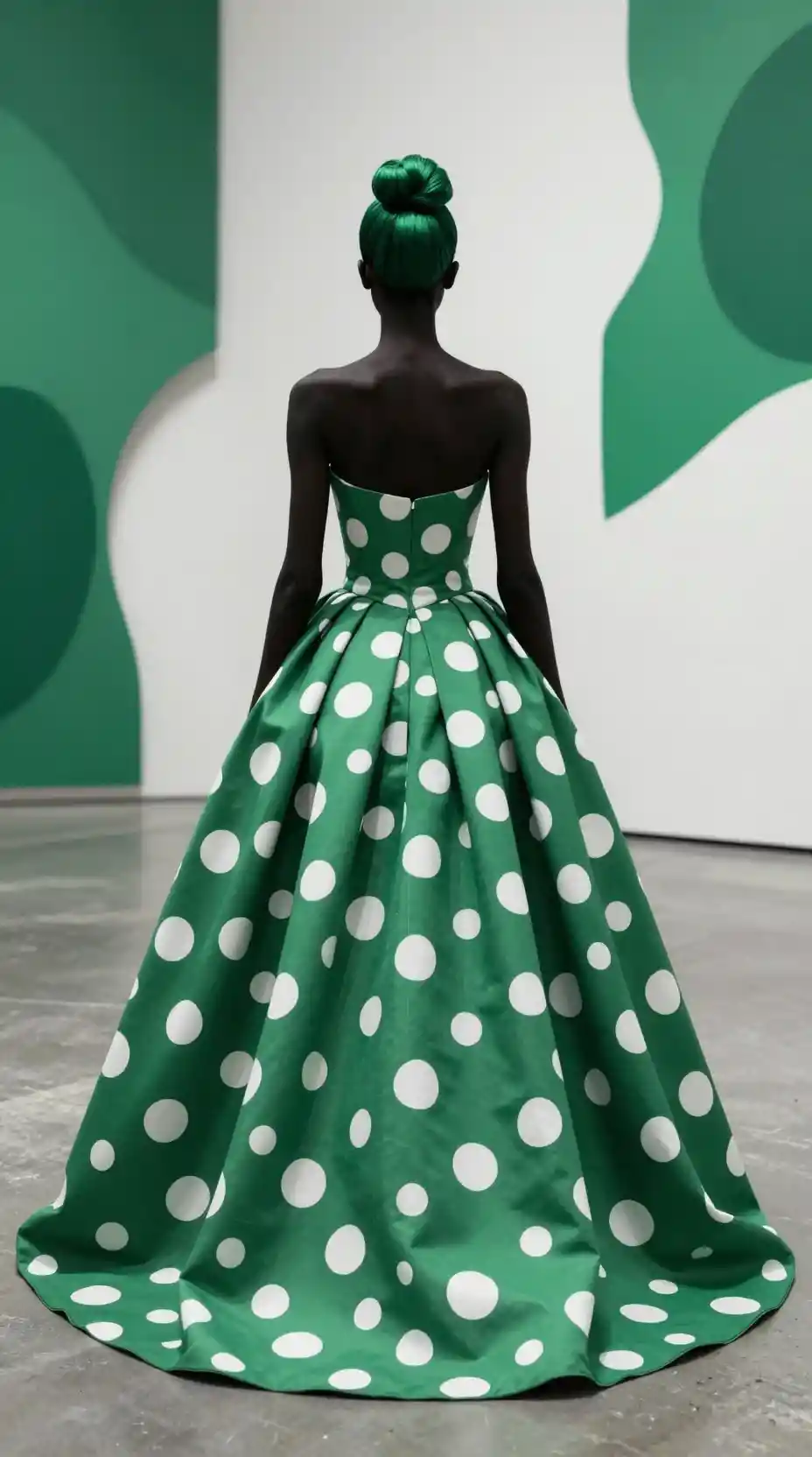 Abstract fashion silhouette in green polka dot gown