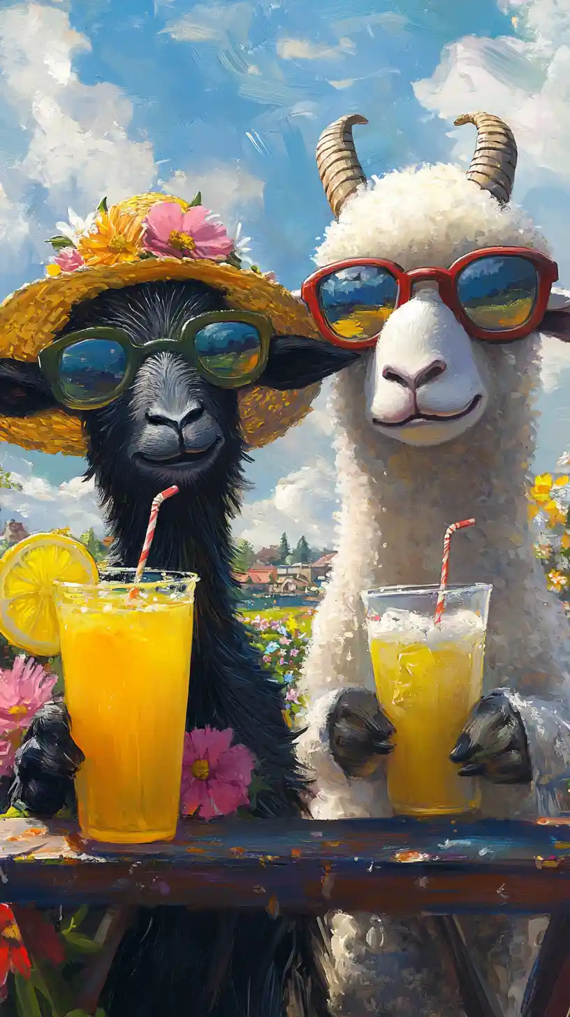 Anthropomorphic Goat And Sheep At A Sunny Lemonade Stand